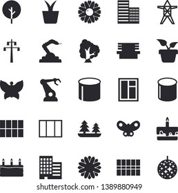 Solid vector icon set - window flat vector, skyscraper, tile, cake, home plant, tree, flower, butterflies, bench, forest, power line support, pipe production, robotics, disco ball fector