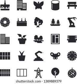 Solid vector icon set - window flat vector, skyscraper, tile, cake, home plant, tree, flower, butterflies, bench, forest, power line support, pipe production, robotics, disco ball fector