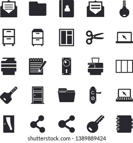 Solid vector icon set - window flat vector, Entrance door, lock, computer file, copy machine, archive, laptop, notepad, key fector, share, scissors, message, notebook