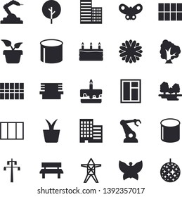 Solid vector icon set - window flat vector, skyscraper, tile, cake, home plant, tree, flower, butterflies, bench, forest, power line support, pipe production, robotics, disco ball fector