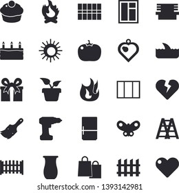 Solid vector icon set - window flat vector, drill screwdriver, ladder, paint brush, tile, fence, fire, fridge, jugful, cupcake, cake, tomato, home plant, butterflies, bonfire, bench, bags, present