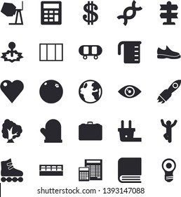 Solid vector icon set - window flat vector, concrete mixer, calculator, meashuring cup, potholder, spice, orange, tree, earth, plug socket, laser, case, rocket, dollar, heart, DNA, book, sneakers
