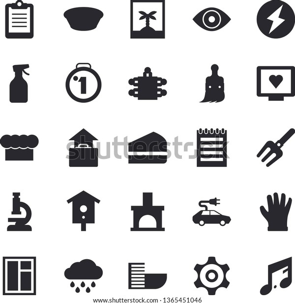 Solid vector icon set - window flat vector, cook\
hat, piece of cake, soup, nesting box, pulverizer, pitchfork, paint\
brush, gloves, rain, fireplace, electric cars, cogwheel, clipboard,\
eye, meeting