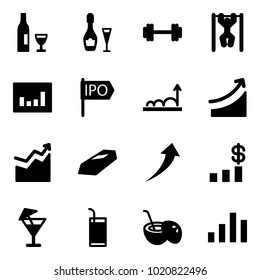 Solid vector icon set - wine vector, barbell, pull ups, statistics, ipo, growth, rise, gold, dollar chart, drink, coconut cocktail