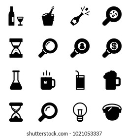 Solid vector icon set - wine vector, champagne, bacteria, sand clock, magnifier, head hunter, search money, flask, green tea, drink, beer, bulb, protect glass