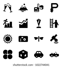 Solid vector icon set - wine glasses vector, mountains, tonometer, ruble, career, growth, pennant, opportunity, sun, photo, dragonfly, satellite, atom core, cube toy, car