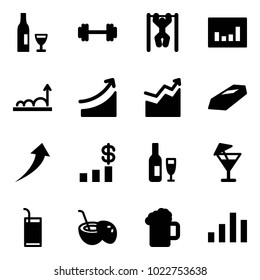 Solid vector icon set - wine vector, barbell, pull ups, statistics, growth, rise, gold, dollar chart, drink, coconut cocktail, beer