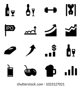 Solid vector icon set - wine vector, barbell, pull ups, ipo, growth, rise, gold, dollar chart, drink, coconut cocktail, beer