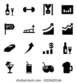 Solid vector icon set - wine vector, barbell, pull ups, statistics, ipo, growth, rise, gold, dollar chart, drink, coconut cocktail, beer