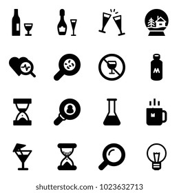 Solid vector icon set - wine vector, glasses, snowball house, heart diagnosis, bacteria, no alcohol sign, milk, sand clock, head hunter, flask, green tea, drink, magnifier, bulb