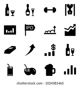 Solid vector icon set - wine vector, barbell, pull ups, statistics, ipo, growth, gold, dollar chart, drink, coconut cocktail, beer
