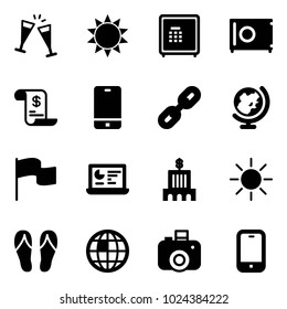 Solid vector icon set - wine glasses vector, sun, safe, account history, phone, link, globe, flag, statistics monitor, bank building, flip flops, camera, mobile