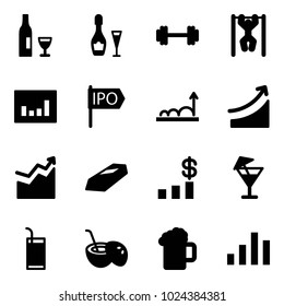 Solid vector icon set - wine vector, barbell, pull ups, statistics, ipo, growth, rise, gold, dollar chart, drink, coconut cocktail, beer