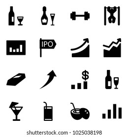 Solid vector icon set - wine vector, barbell, pull ups, statistics, ipo, rise, growth, gold, dollar chart, drink, coconut cocktail