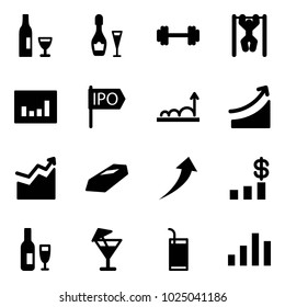 Solid vector icon set - wine vector, barbell, pull ups, statistics, ipo, growth, rise, gold, dollar chart, drink