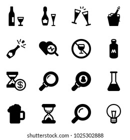 Solid vector icon set - wine vector, glasses, champagne, heart diagnosis, no alcohol sign, milk, account history, magnifier, head hunter, flask, beer, sand clock, bulb