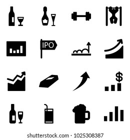 Solid vector icon set - wine vector, barbell, pull ups, statistics, ipo, growth, rise, gold, dollar chart, drink, beer