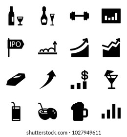 Solid vector icon set - wine vector, barbell, statistics, ipo, growth, rise, gold, dollar chart, drink, coconut cocktail, beer