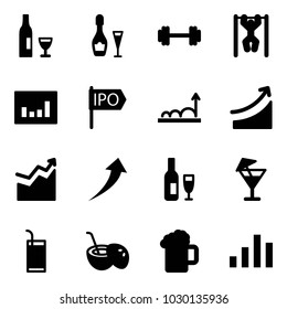 Solid vector icon set - wine vector, barbell, pull ups, statistics, ipo, growth, rise, drink, coconut cocktail, beer, chart