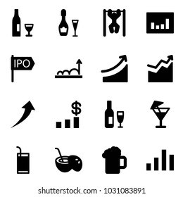 Solid vector icon set - wine vector, pull ups, statistics, ipo, growth, rise, dollar chart, drink, coconut cocktail, beer