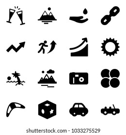 Solid vector icon set - wine glasses vector, mountains, drop hand, link, growth arrow, career, rise, sun, palm, photo, atom core, boomerang, cube toy, car