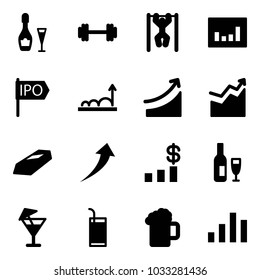 Solid vector icon set - wine vector, barbell, pull ups, statistics, ipo, growth, rise, gold, dollar chart, drink, beer