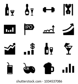Solid vector icon set - wine vector, barbell, pull ups, statistics, ipo, growth, rise, dollar chart, drink, coconut cocktail, beer