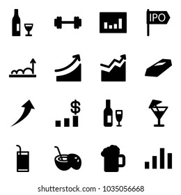 Solid vector icon set - wine vector, barbell, statistics, ipo, growth, rise, gold, dollar chart, drink, coconut cocktail, beer