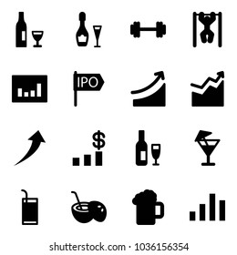 Solid vector icon set - wine vector, barbell, pull ups, statistics, ipo, rise, growth, dollar chart, drink, coconut cocktail, beer