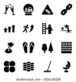 Solid vector icon set - wine glasses vector, snowball house, multi lane traffic road sign, link, arrows up, career, opportunity, palm, flip flops, forest, binary code, atom core, carbon, rake