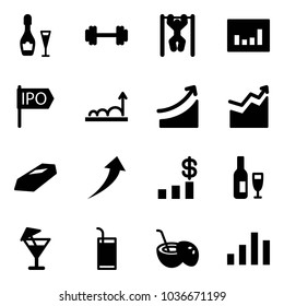 Solid vector icon set - wine vector, barbell, pull ups, statistics, ipo, growth, rise, gold, dollar chart, drink, coconut cocktail