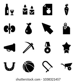 Solid vector icon set - wine vector, candle, diet list, carrot, kidneys, pear, cursor, attachment, speaker horn, job, star medal, luck, ball, fretsaw, wheelbarrow