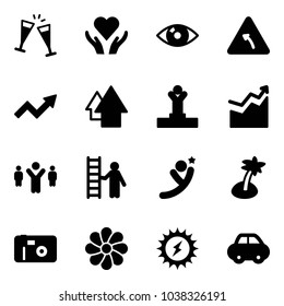 Solid vector icon set - wine glasses vector, heart care, eye, turn left road sign, growth arrow, up, winner, team leader, opportunity, flying man, palm, photo, flower, sun power, car