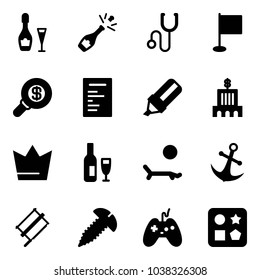 Solid vector icon set - wine vector, champagne, stethoscope, flag, search money, document, highlight marker, bank building, crown, lounger, anchor, bucksaw, screw, joystick, cube hole toy