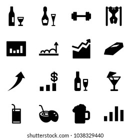 Solid vector icon set - wine vector, barbell, pull ups, statistics, growth, gold, dollar chart, drink, coconut cocktail, beer