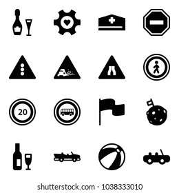 Solid vector icon set - wine vector, heart gear, doctor hat, no way road sign, traffic light, gravel, narrows, pedestrian, speed limit 20, bus, flag, moon, cabrio, beach ball, toy car