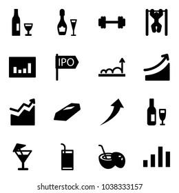 Solid vector icon set - wine vector, barbell, pull ups, statistics, ipo, growth, rise, gold, drink, coconut cocktail, chart