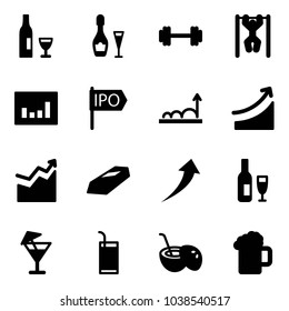 Solid vector icon set - wine vector, barbell, pull ups, statistics, ipo, growth, rise, gold, drink, coconut cocktail, beer