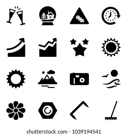 Solid vector icon set - wine glasses vector, snowball house, multi lane traffic road sign, clock around, rise, growth, stars, sun, mountains, photo, waves, flower, nut, staple, rake