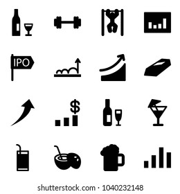 Solid vector icon set - wine vector, barbell, pull ups, statistics, ipo, growth, rise, gold, dollar chart, drink, coconut cocktail, beer