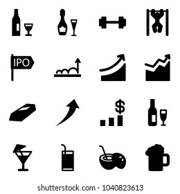 Solid vector icon set - wine vector, barbell, pull ups, ipo, growth, rise, gold, dollar chart, drink, coconut cocktail, beer