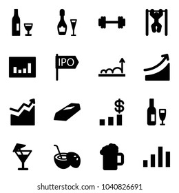 Solid vector icon set - wine vector, barbell, pull ups, statistics, ipo, growth, rise, gold, dollar chart, drink, coconut cocktail, beer