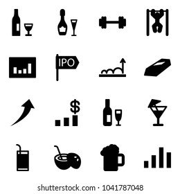 Solid vector icon set - wine vector, barbell, pull ups, statistics, ipo, growth, gold, dollar chart, drink, coconut cocktail, beer