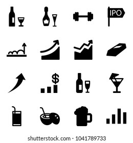 Solid vector icon set - wine vector, barbell, ipo, growth, rise, gold, dollar chart, drink, coconut cocktail, beer