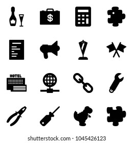 Solid vector icon set - wine vector, money case, calculator, puzzle, document, megaphone, pennant, flags cross, sea hotel, globe, link, wrench, pliers, screwdriver, dinosaur toy