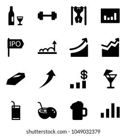 Solid vector icon set - wine vector, barbell, pull ups, statistics, ipo, growth, rise, gold, dollar chart, drink, coconut cocktail, beer