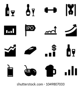 Solid vector icon set - wine vector, barbell, pull ups, statistics, ipo, growth, rise, gold, dollar chart, drink, coconut cocktail, beer