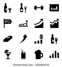 Solid vector icon set - wine vector, barbell, statistics, ipo, growth, rise, gold, dollar chart, drink, beer