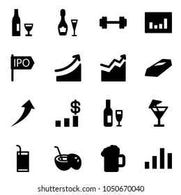 Solid vector icon set - wine vector, barbell, statistics, ipo, rise, growth, gold, dollar chart, drink, coconut cocktail, beer
