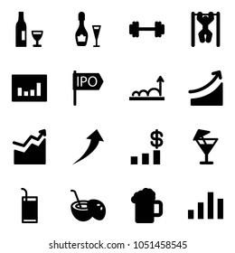 Solid vector icon set - wine vector, barbell, pull ups, statistics, ipo, growth, rise, dollar chart, drink, coconut cocktail, beer